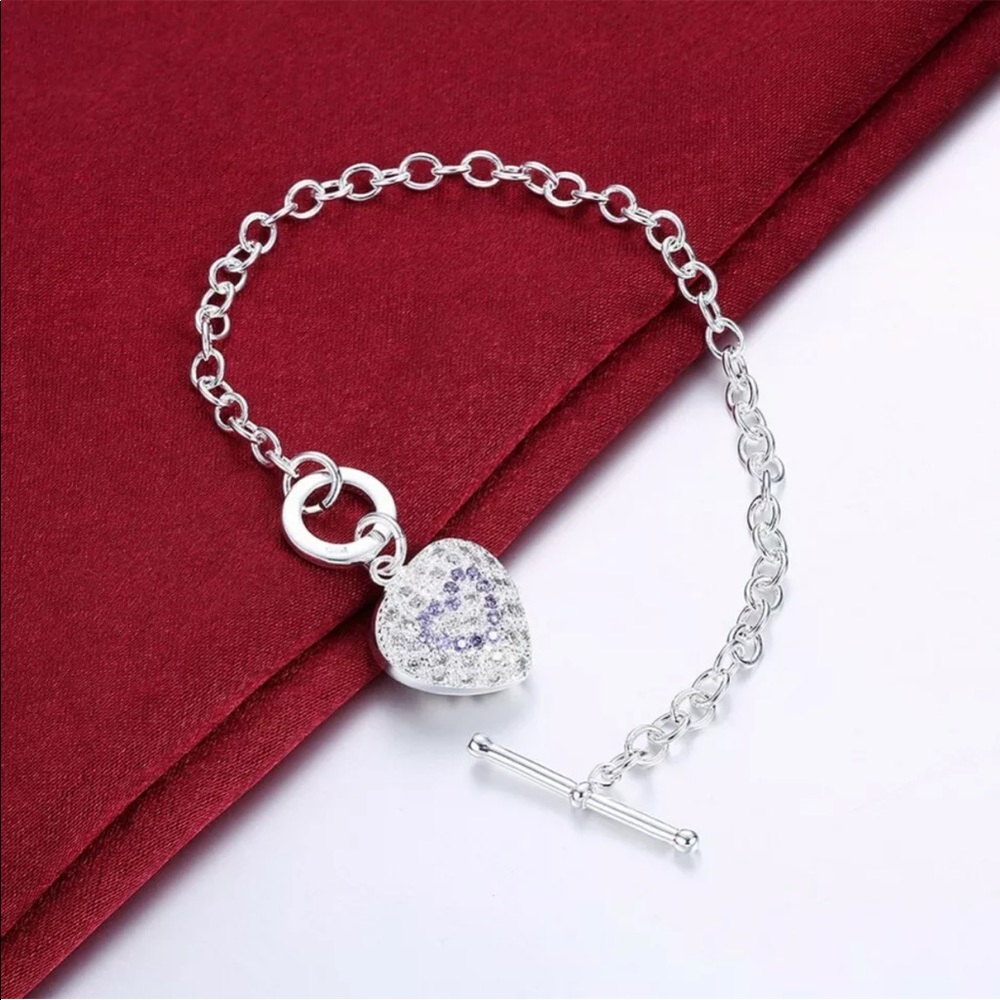 Sterling Silver Heart Amethyst Crystal Toggle Bracelet 7” NEW - Picture 2 of 3